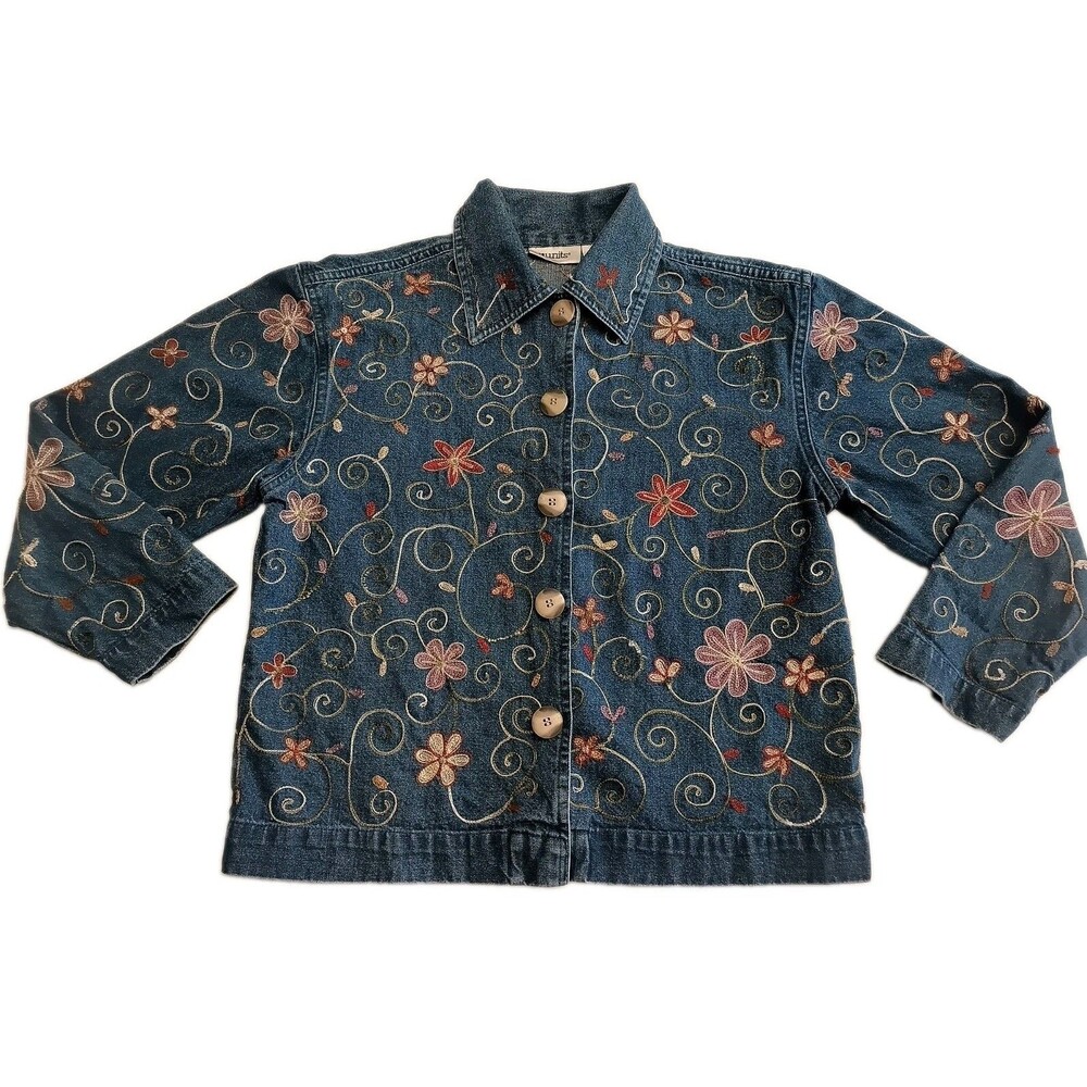Units Embroidered Denim 100% Cotton Jacket Women's Small Blue Floral  Vintage